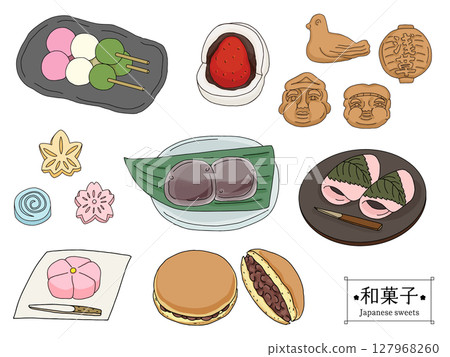 一組各種日本糖果的線條畫 127968260