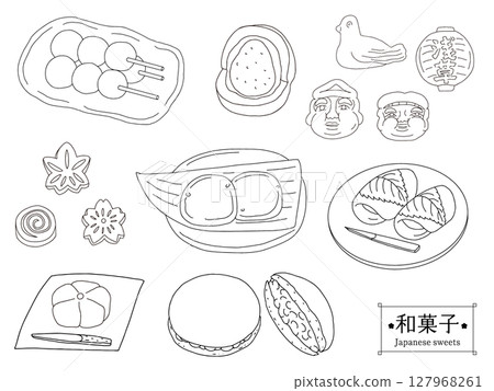 A set of line drawings of various Japanese sweets 127968261