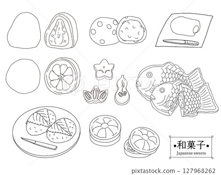 A set of line drawings of various Japanese sweets 127968262