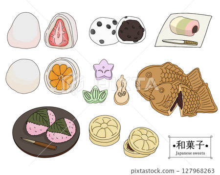 一組各種日本糖果的線條畫 127968263
