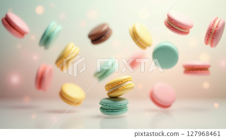 colorful assorted macarons in playful motion 127968461