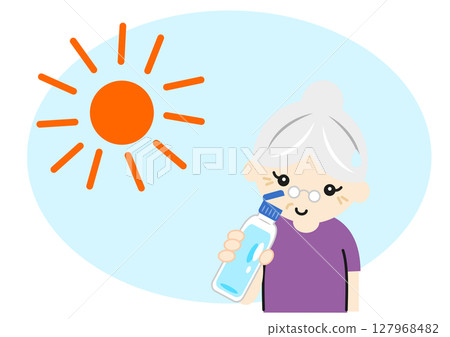 An elderly woman hydrates herself in the heat An elderly woman hydrates herself in the heat 127968482