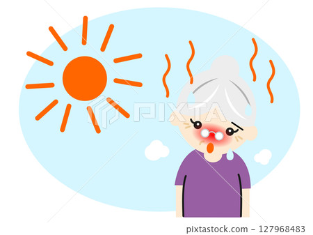 An old woman suffers from heatstroke due to the extreme heat 127968483