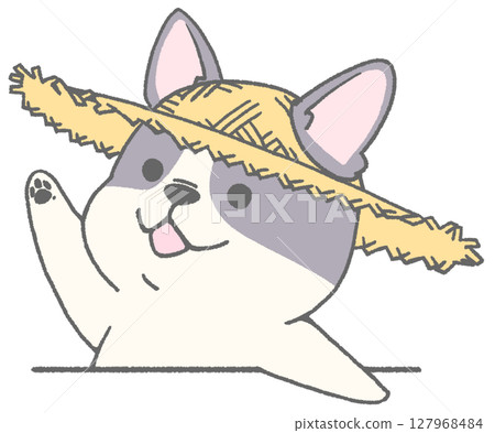 French bulldog (pied) wearing a straw hat raising his hand French bulldog (pied) wearing a straw hat raising his hand 127968484
