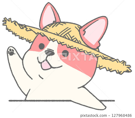 French bulldog (pied, red) wearing a straw hat raising his hand French bulldog (pied, red) wearing a straw hat raising his hand 127968486