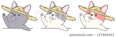 French bulldogs (3 types) raising hands and wearing straw hats French bulldogs (3 types) raising hands and wearing straw hats 127968491