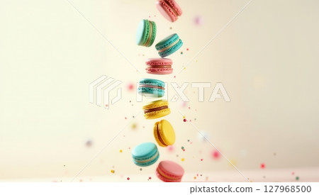 colorful assorted macarons in playful motion 127968500