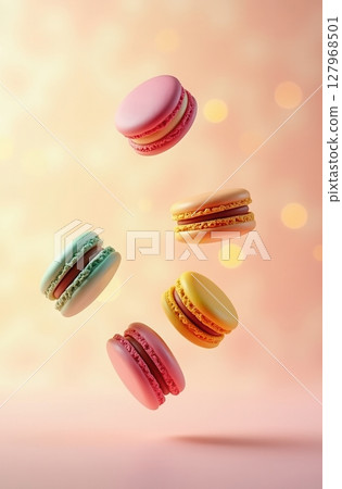 colorful assorted macarons in playful motion 127968501