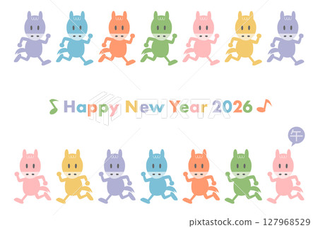 New Year's card for 2026 (Year of the Horse) featuring a running colorful horse New Year's card for 2026 (Year of the Horse) featuring a running colorful horse 127968529