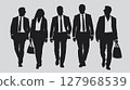 Silhouettes of five diverse business professionals are walking forward in suits. Ideal for corporate themes, teamwork, and progress. Vector illustration. 127968539