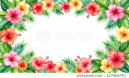 熱帶框架芙蓉龜背竹邊距16:9尺寸AI生成素材 熱帶框架芙蓉龜背竹邊距16:9尺寸AI生成素材 127968761