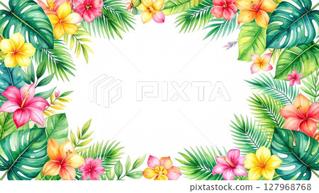 熱帶框架芙蓉龜背竹邊距16：9尺寸AI生成素材 127968768