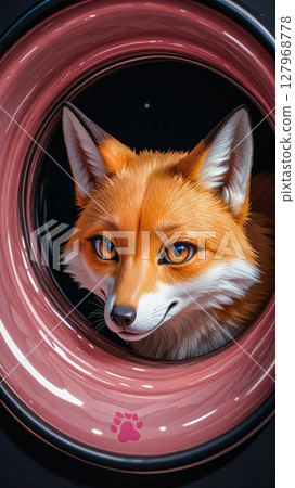 A sly look from an impudent red fox. A red fox with distinct orange fur and white accents peers through a round, pink, shiny tunnel. 127968778