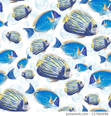 Seamless pattern with blue tropical fish and bubbles. Watercolor illustration of reef animals, corals. The ocean theme. The Great Barrier Reef. It is suitable for textiles, packaging, wallpaper. 127968896
