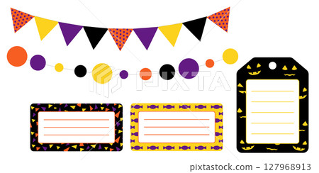 Spooky Halloween label and banner set with garlands and colorful stickers. Purple black orange and yellow tag collection with round square and rectangle shapes for decoration and party crafts. 127968913
