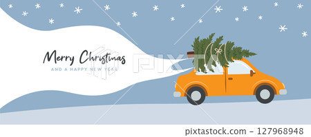 car with christmas tree on snowy winter landscape vector illustration car with christmas tree on snowy winter landscape vector illustration 127968948