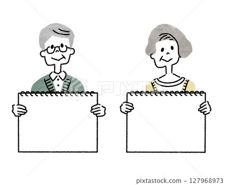一對老年夫婦拿著素描本的上半身插圖 127968973
