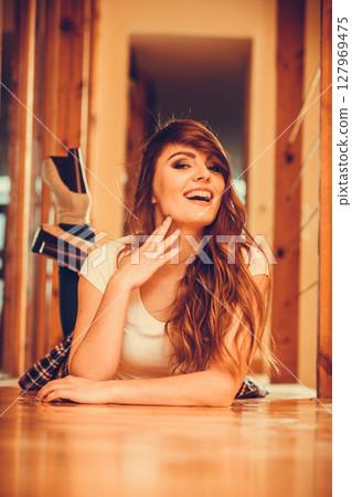 Happy cute pretty young woman girl at home. Happy cute pretty young woman girl at home. 127969475