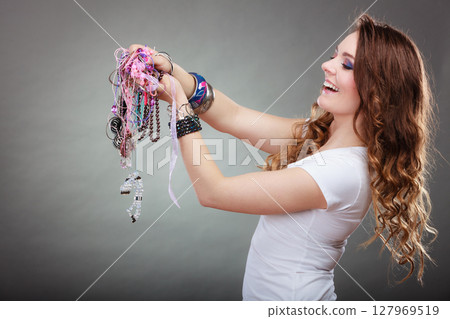 Pretty woman with jewelry necklaces ring bracelets Pretty woman with jewelry necklaces ring bracelets 127969519