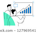 Two business professionals analyzing sales data on rising charts, celebrating growth success through effective teamwork in modern office environment 127969541