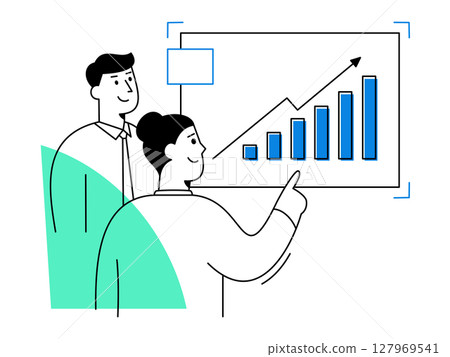Two business professionals analyzing sales data on rising charts, celebrating growth success through effective teamwork in modern office environment Two business professionals analyzing sales data on rising charts, celebrating growth success through effective teamwork in modern office environment 127969541