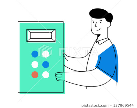 Factory worker operating machine control panel with blue and red buttons, showing cheerful expression in minimal design style representing industrial technology Factory worker operating machine control panel with blue and red buttons, showing cheerful expression in minimal design style representing industrial technology 127969544