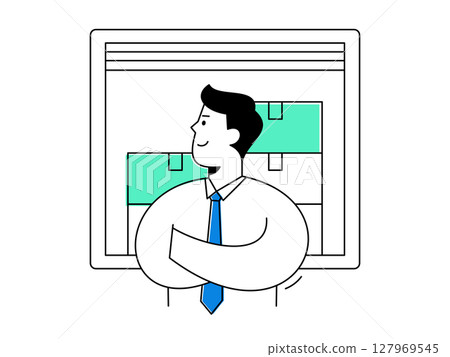 A confident male manager provides supervision for shipment operations in warehouse, overseeing logistics and storage boxes with professional expertise A confident male manager provides supervision for shipment operations in warehouse, overseeing logistics and storage boxes with professional expertise 127969545