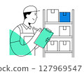 A smiling warehouse worker performs inventory check with clipboard, managing storage boxes on shelves for efficient logistics and organization 127969547