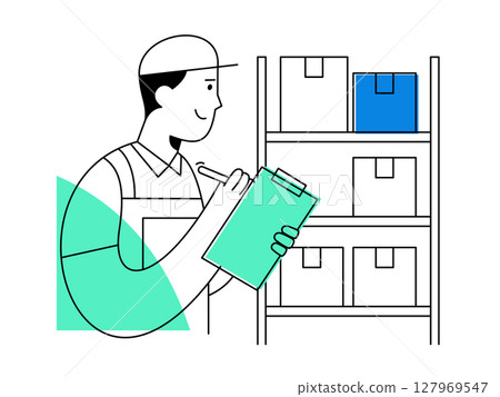A smiling warehouse worker performs inventory check with clipboard, managing storage boxes on shelves for efficient logistics and organization A smiling warehouse worker performs inventory check with clipboard, managing storage boxes on shelves for efficient logistics and organization 127969547