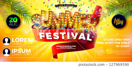 Summer Festival Party Flyer Design with Light Bulb Billboard Typography Lettering and Tropical Palm Leaves on Falling Confetti Background. Vector Summer Holiday Music and Dance Celebration 127969590
