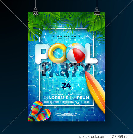 Summer Pool Party Flyer Design Template with Beach Ball and Text Label on Blue Tiled Pool Background. Vector Summer Music and Dance Celebration Holiday Illustration with Tropical Palm Leaves, Water 127969591