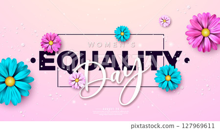 Women's Equality Day Banner Design with Colorful Flower and Typography Lettering on Pink Background. August 26 National Feminine Holiday in United States. USA Celebration Template for Flyer, Greeting 127969611
