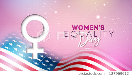Women's Equality Day Banner Design with Female Symbol and American Flag on Light Pink Background. August 26 National Feminine Holiday in United States. USA Celebration Template for Flyer, Greeting 127969612