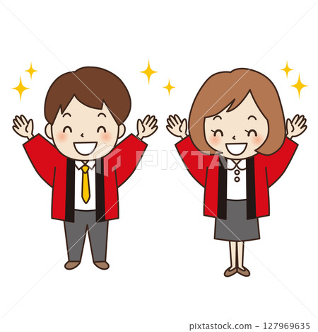 Men and women wearing happi coats cheering 02 Men and women wearing happi coats cheering 02 127969635