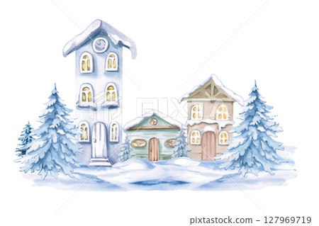 Cozy village under snow with Christmas trees. Isolated watercolor illustration for invitations, tickets, photo frames, posters, calendars, printing on textiles and clothes. 127969719