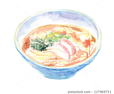扁面水彩畫－名古屋的當地特色菜，配上扁麵條和香濃的高湯 127969751