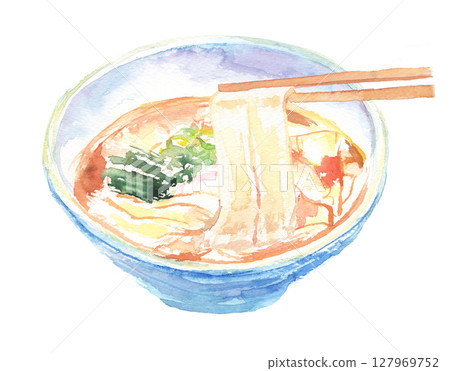 Kishimen watercolor illustration - Nagoya's local dish with flat noodles and fragrant dashi Kishimen watercolor illustration - Nagoya's local dish with flat noodles and fragrant dashi 127969752