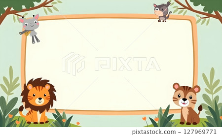 Animals standing in front of tall wooden signboard 127969771