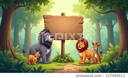 Forest animals gathering under empty wooden signboard 127969811
