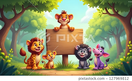 Forest animals gathering under empty wooden signboard 127969812