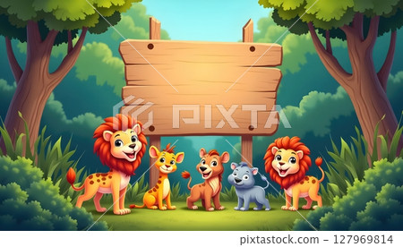 Forest animals gathering under empty wooden signboard 127969814