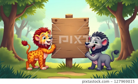 Forest animals gathering under empty wooden signboard 127969815