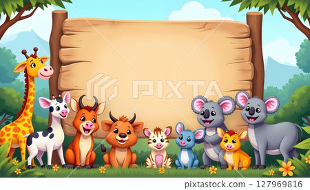 Forest animals gathering under empty wooden signboard 127969816