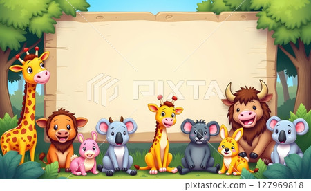 Forest animals gathering under empty wooden signboard 127969818
