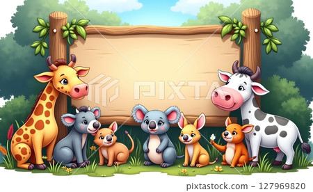 Forest animals gathering under empty wooden signboard 127969820