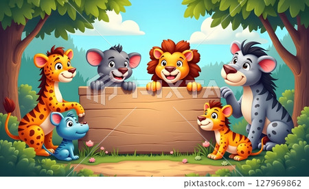 Forest animals gathering under empty wooden signboard 127969862