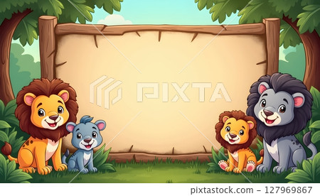 Forest animals gathering under empty wooden signboard 127969867