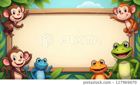Forest animals gathering under empty wooden signboard 127969870