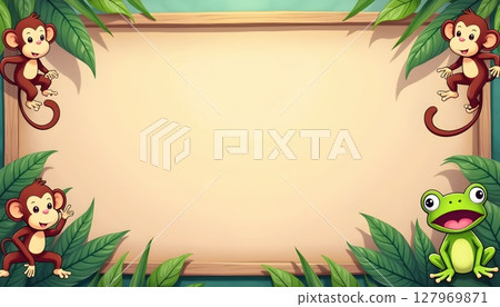 Forest animals gathering under empty wooden signboard 127969871