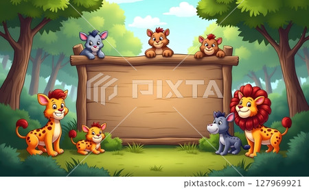 Forest animals gathering under empty wooden signboard 127969921